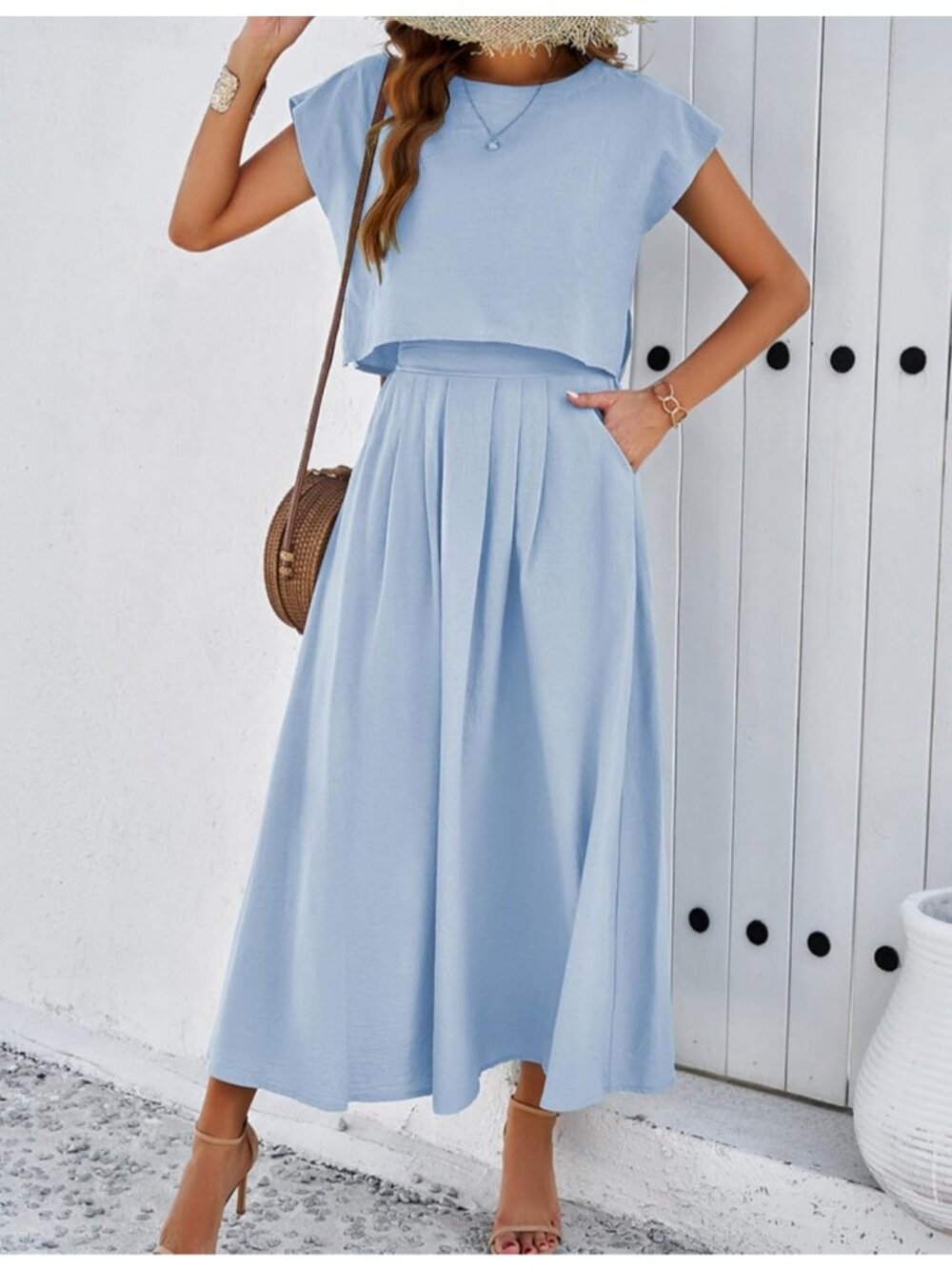 Women's Blue Casual 2 Piece Outfits Crop Tops Cap Sleeve Waisted Maxi Dresses - Picture 2 of 4
